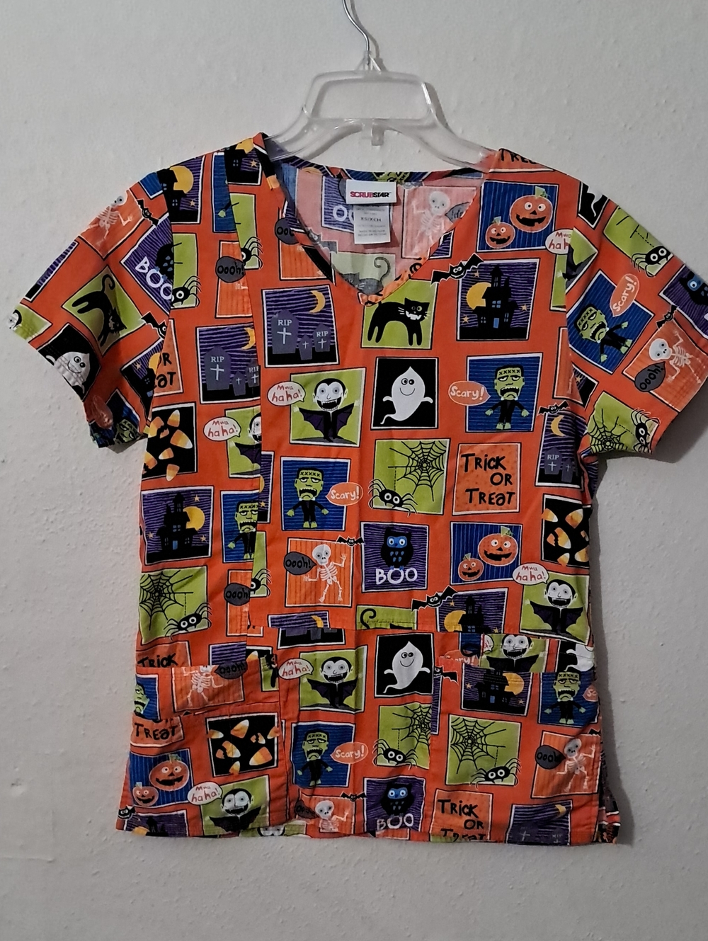 Scrubstar Women's Size XS Orange Halloween Graphic Scrub Top